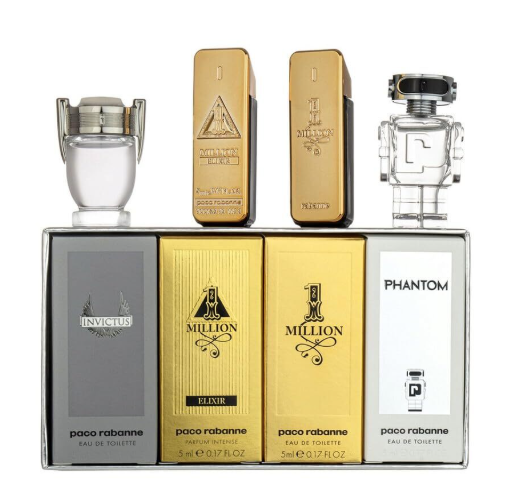 PACO RABANNE M 4 PCS x 5ml (ONE MILLION EDT/ ONE MILLION ELIXIR / INVICTUS EDT / PHANTOM EDT).